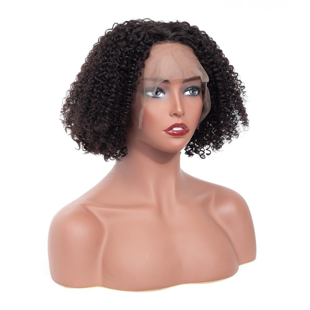 Kinky Curly 180% Density 4x4 Short Bob Lace Front Human Hair Wig displayed on a mannequin, showcasing its natural curls and secure lace fit.