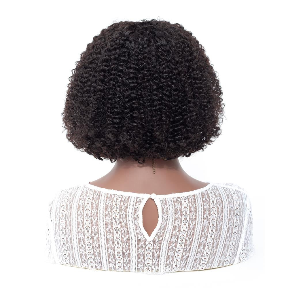 Kinky Curly 180% Density 4x4 Short Bob Lace Front Human Hair Wig displayed on a mannequin, showcasing its natural curls and secure lace fit.