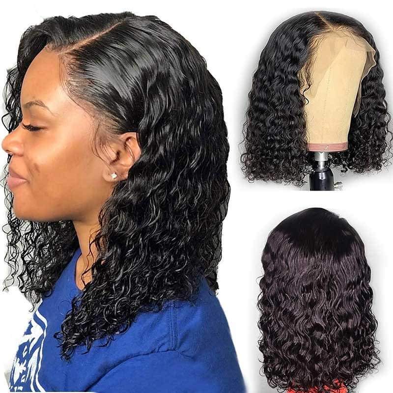 Kinky Curly 180% Density 4x4 Short Bob Lace Front Human Hair Wig displayed on a mannequin, showcasing its natural curls and secure lace fit.