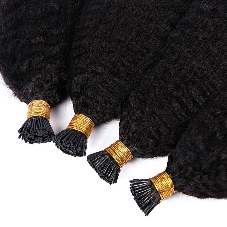 Kinky Straight I Tip Microlinks Braiding Human Hair Extensions in natural black color, showcasing the texture and quality of the hair.