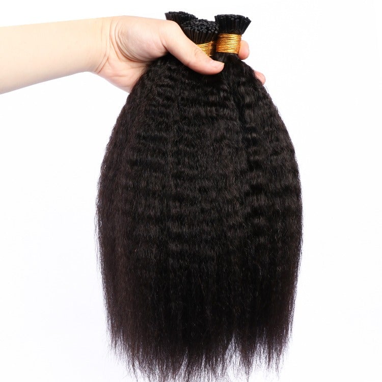 Kinky Straight I Tip Microlinks Braiding Human Hair Extensions in natural black color, showcasing the texture and quality of the hair.