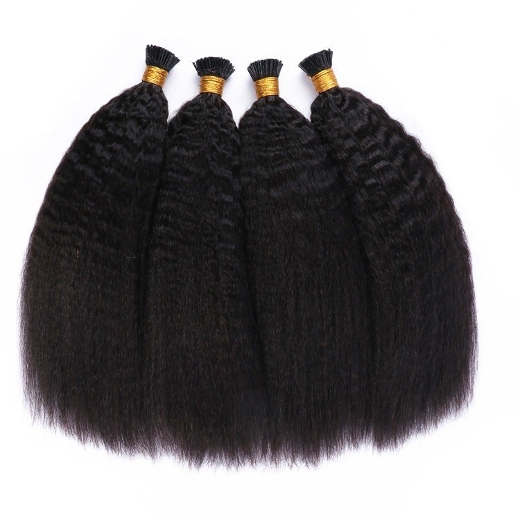 Kinky Straight I Tip Microlinks Braiding Human Hair Extensions in natural black color, showcasing the texture and quality of the hair.