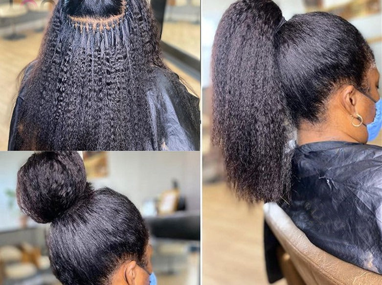 Kinky Straight I Tip Microlinks Braiding Human Hair Extensions in natural black color, showcasing the texture and quality of the hair.