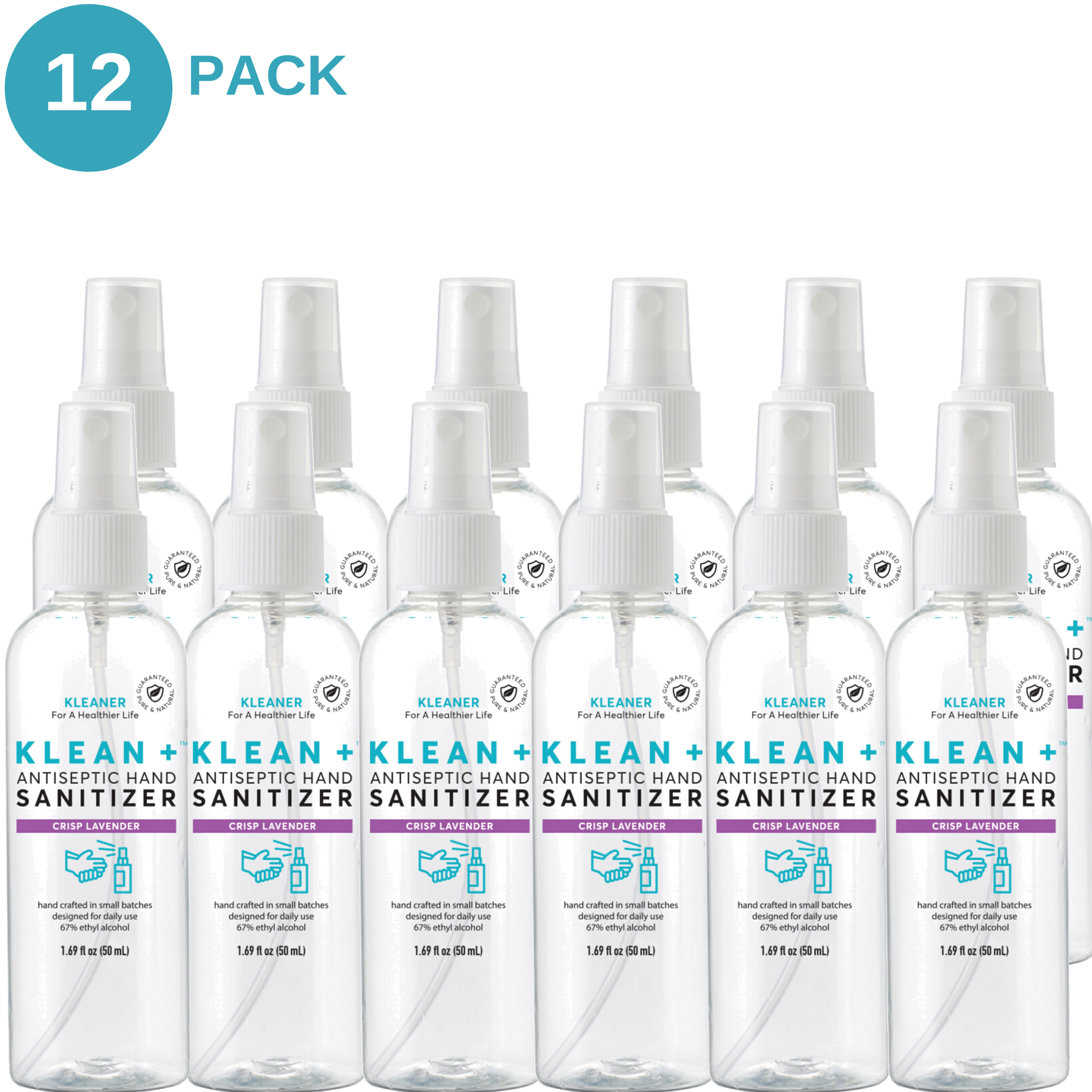 Klean + Hand Sanitizer Crisp Lavender 50ml bottles arranged in a pack, showcasing the elegant design and lavender scent.