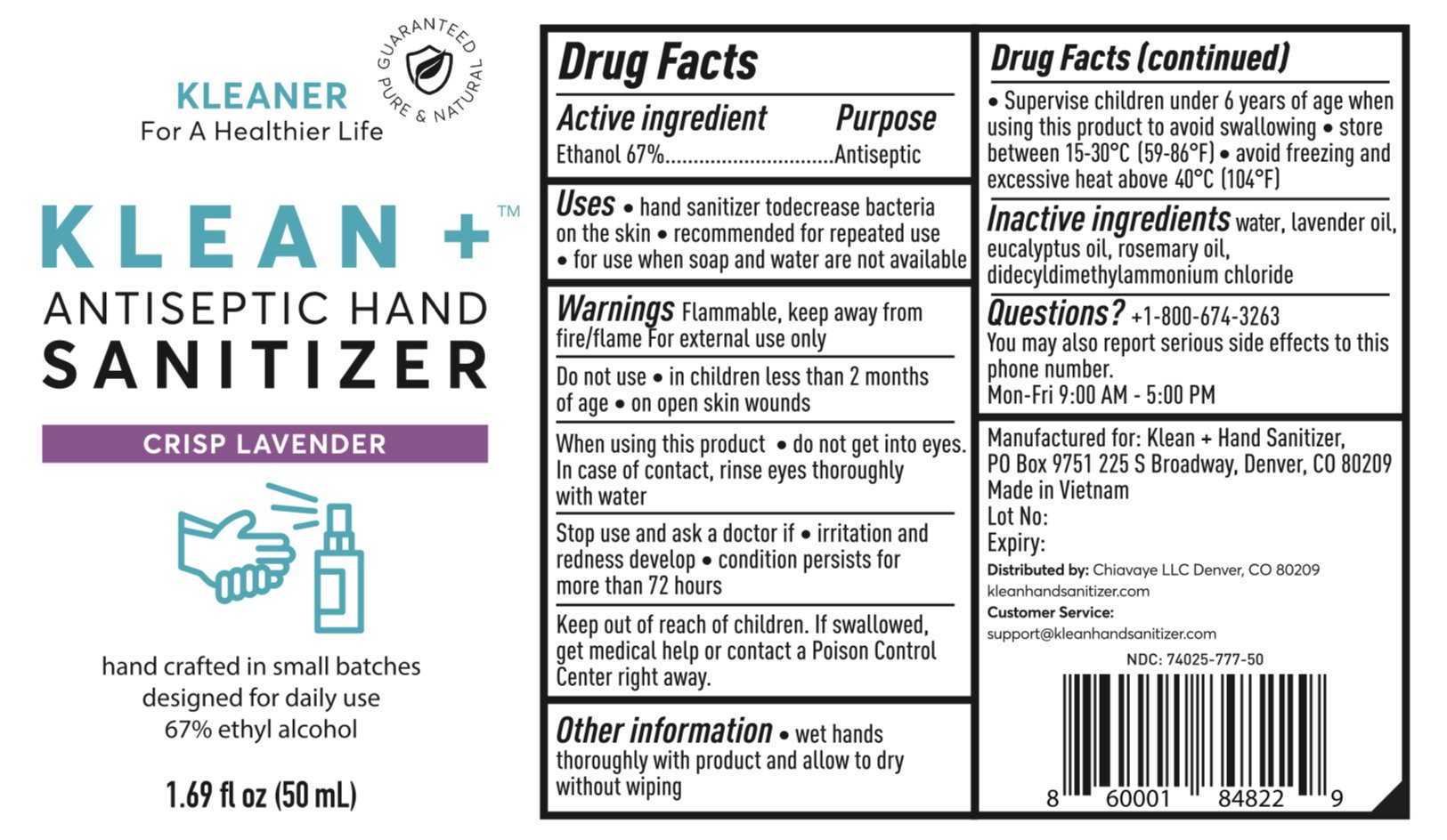 Klean + Hand Sanitizer Crisp Lavender 50ml bottles arranged in a pack, showcasing the elegant design and lavender scent.