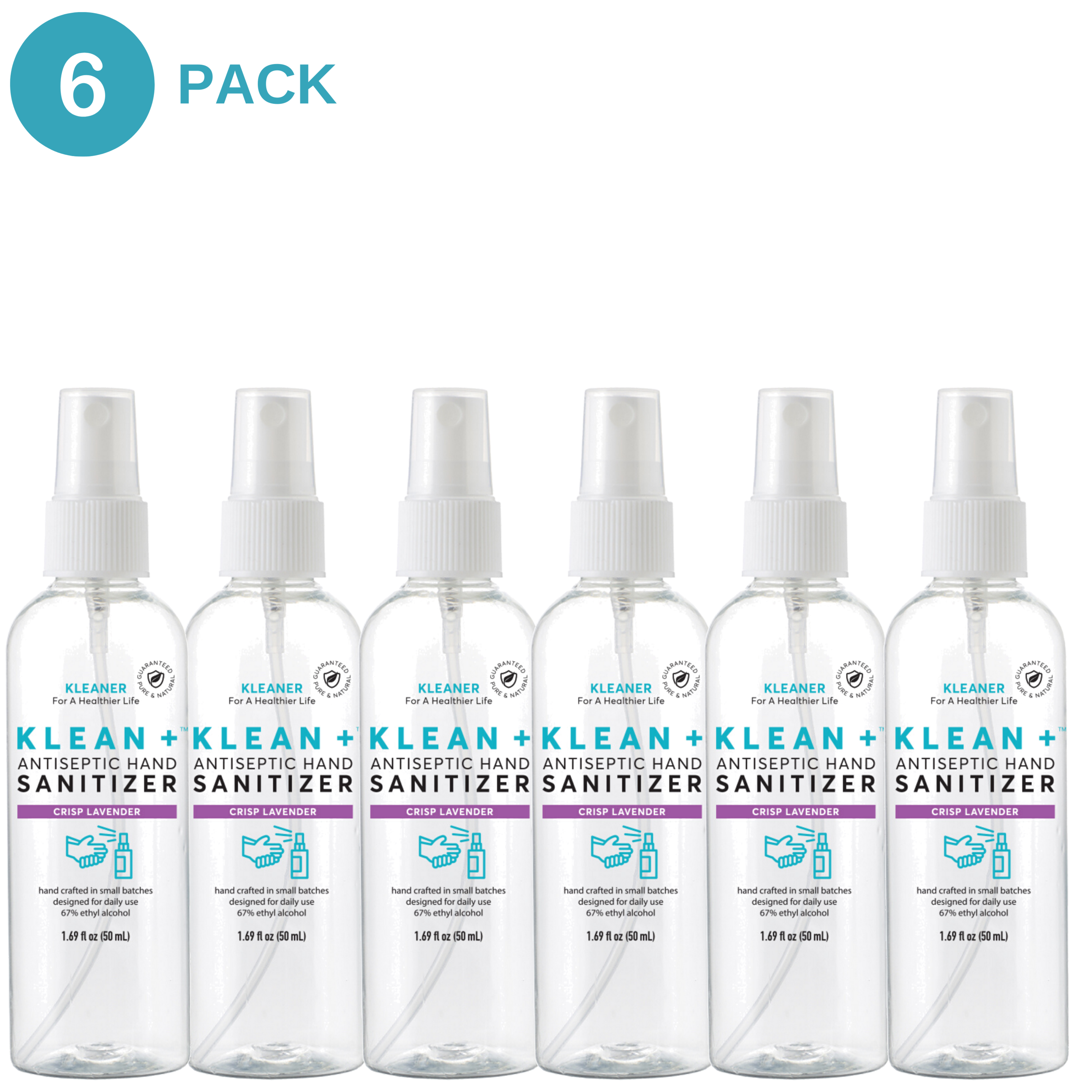 Klean + Hand Sanitizer Crisp Lavender 50ml bottles arranged in a pack, showcasing their sleek design and lavender scent.