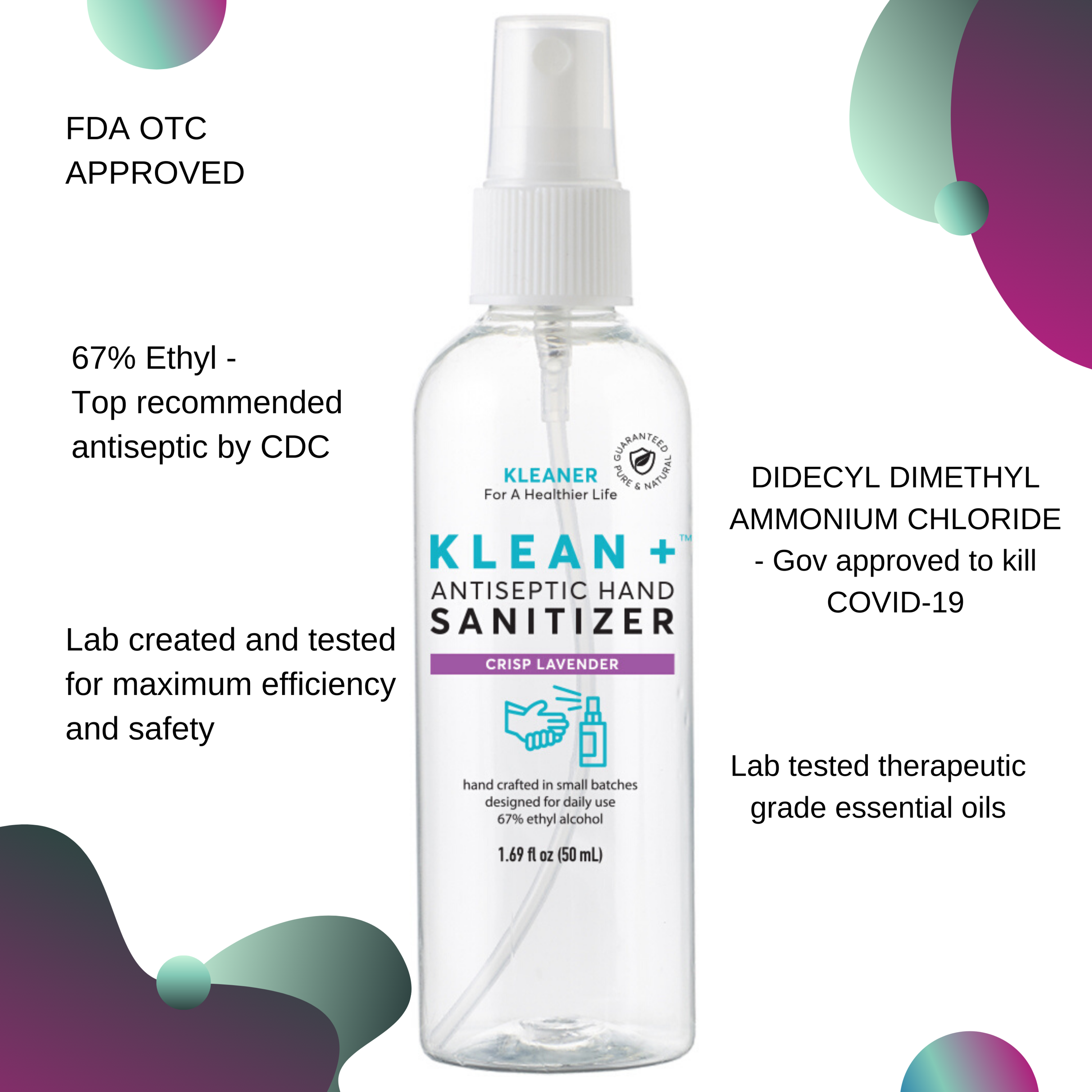 Klean + Hand Sanitizer Crisp Lavender 50ml bottles arranged in a pack, showcasing their sleek design and lavender scent.