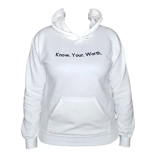 A stylish Know Your Worth Hoodie made from 100% cotton, featuring a classic cut and seamless collar, perfect for casual wear.