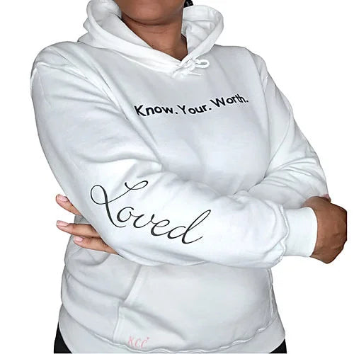 A stylish Know Your Worth Hoodie made from 100% cotton, featuring a classic cut and seamless collar, perfect for casual wear.