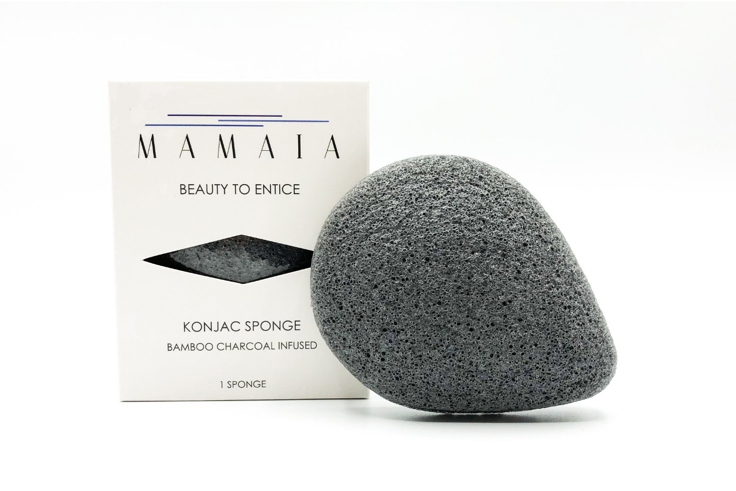 MAMAIA bamboo charcoal konjac sponge, soft and eco-friendly, ideal for deep cleansing and gentle exfoliation.