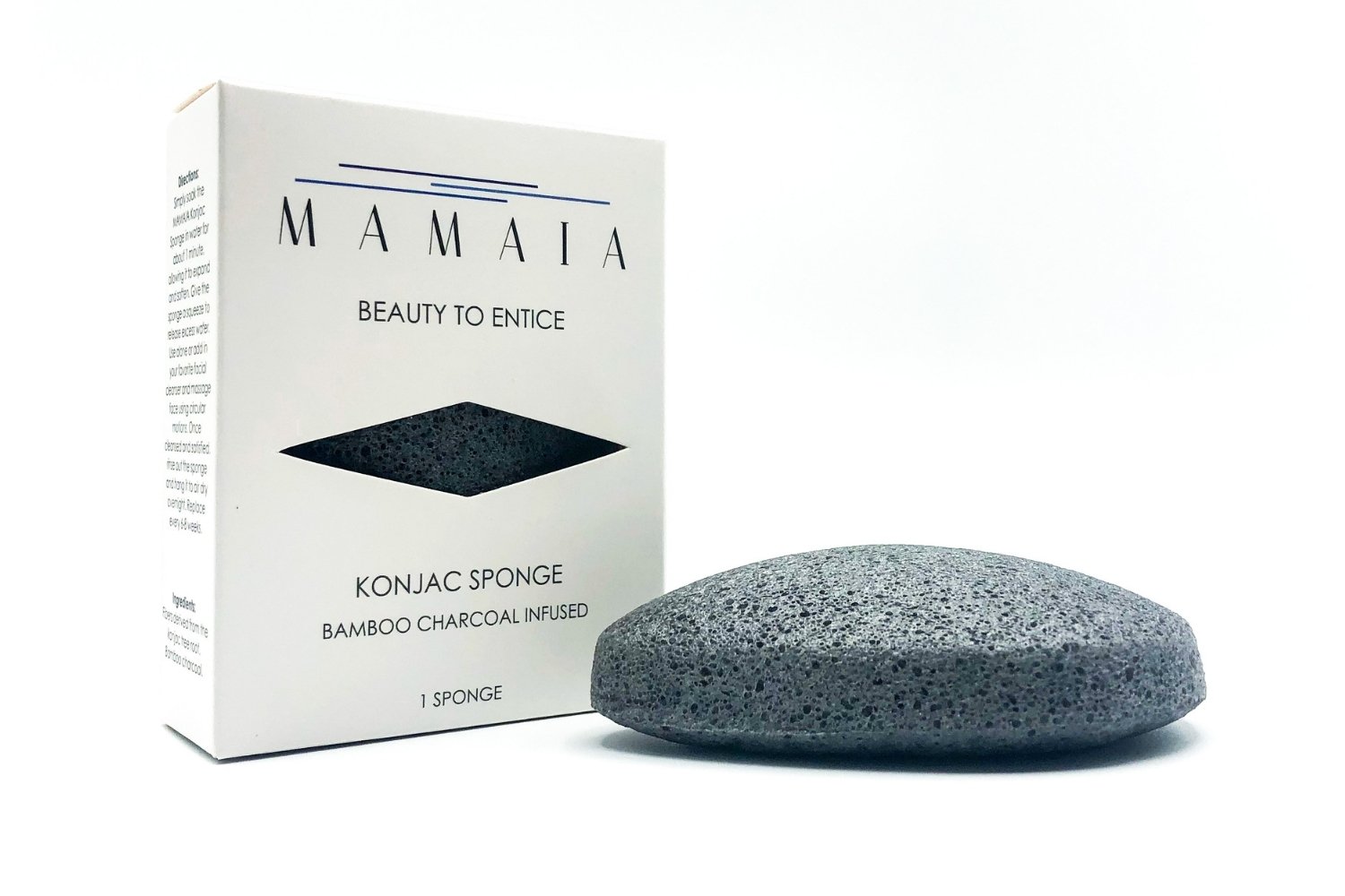 MAMAIA bamboo charcoal konjac sponge, soft and eco-friendly, ideal for deep cleansing and gentle exfoliation.