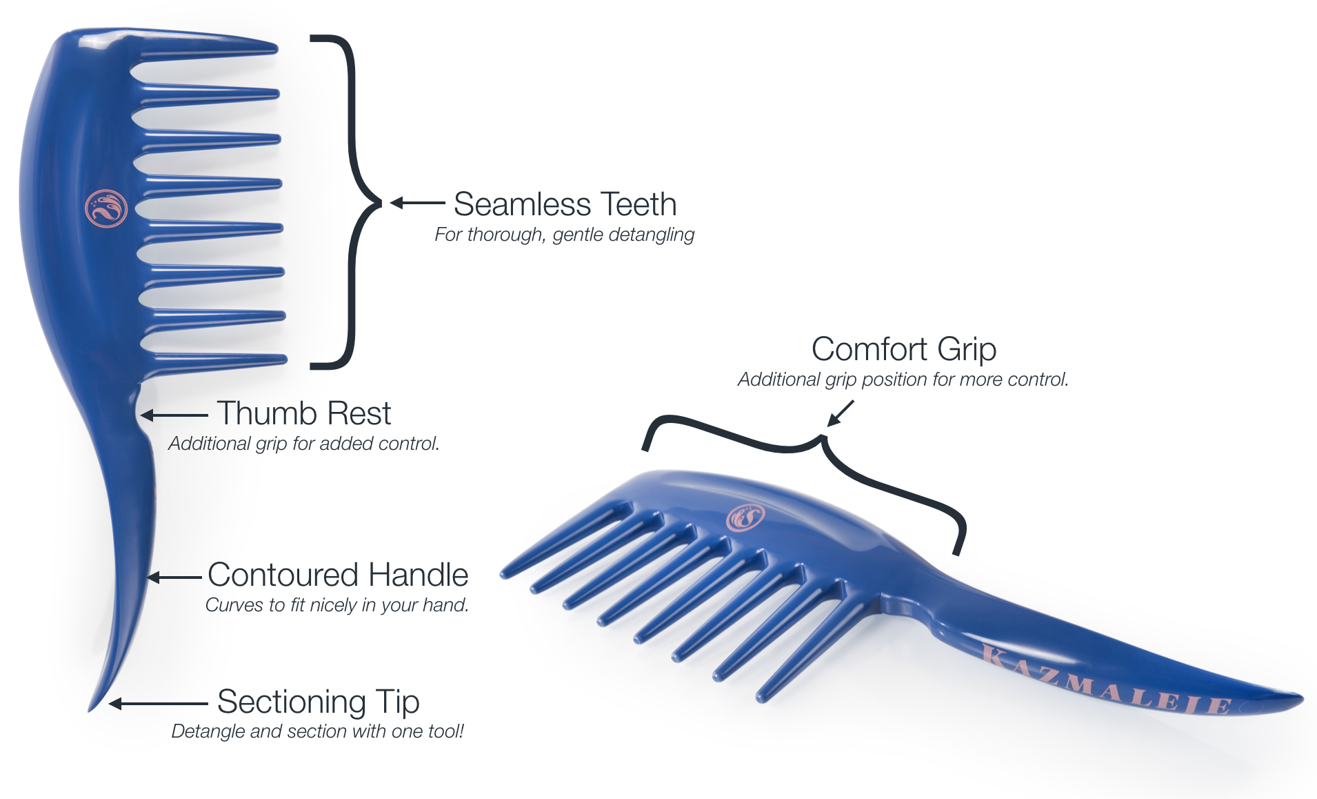 KurlsPlus Comb in kazmic blue with rose pink accents, featuring wide teeth for detangling hair.