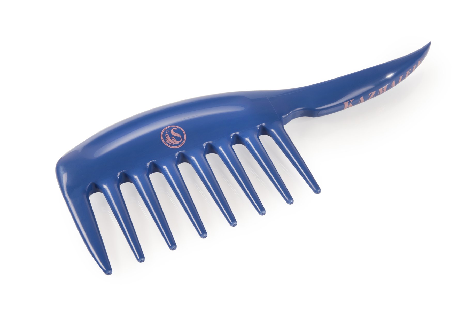 KurlsPlus Comb in kazmic blue with rose pink accents, featuring wide teeth for detangling hair.