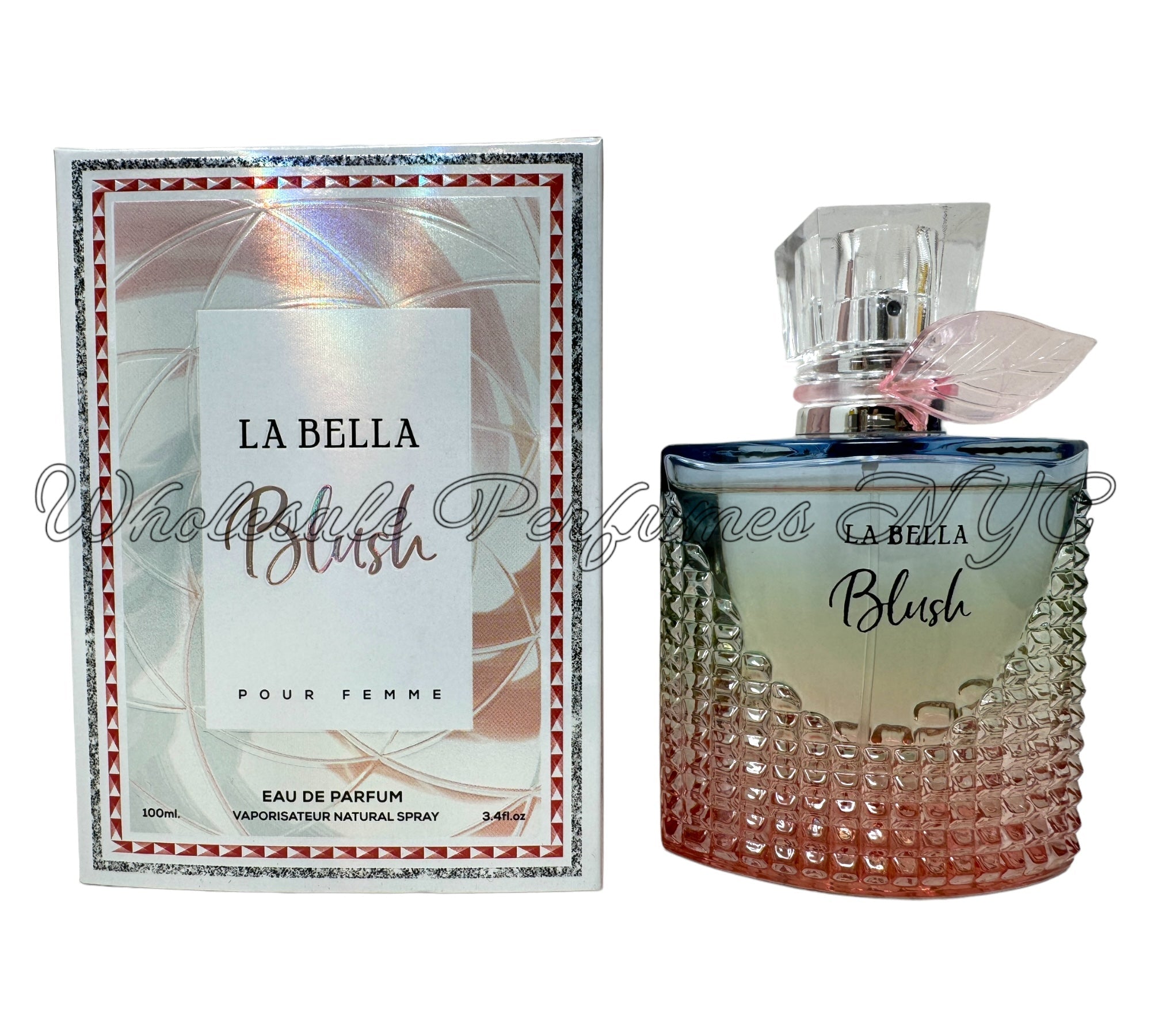 La Bella Blush for Women 3.4oz Eau de Parfum spray in an elegant bottle, inspired by Lancome's La Vie Est Belle Iris Absolu.