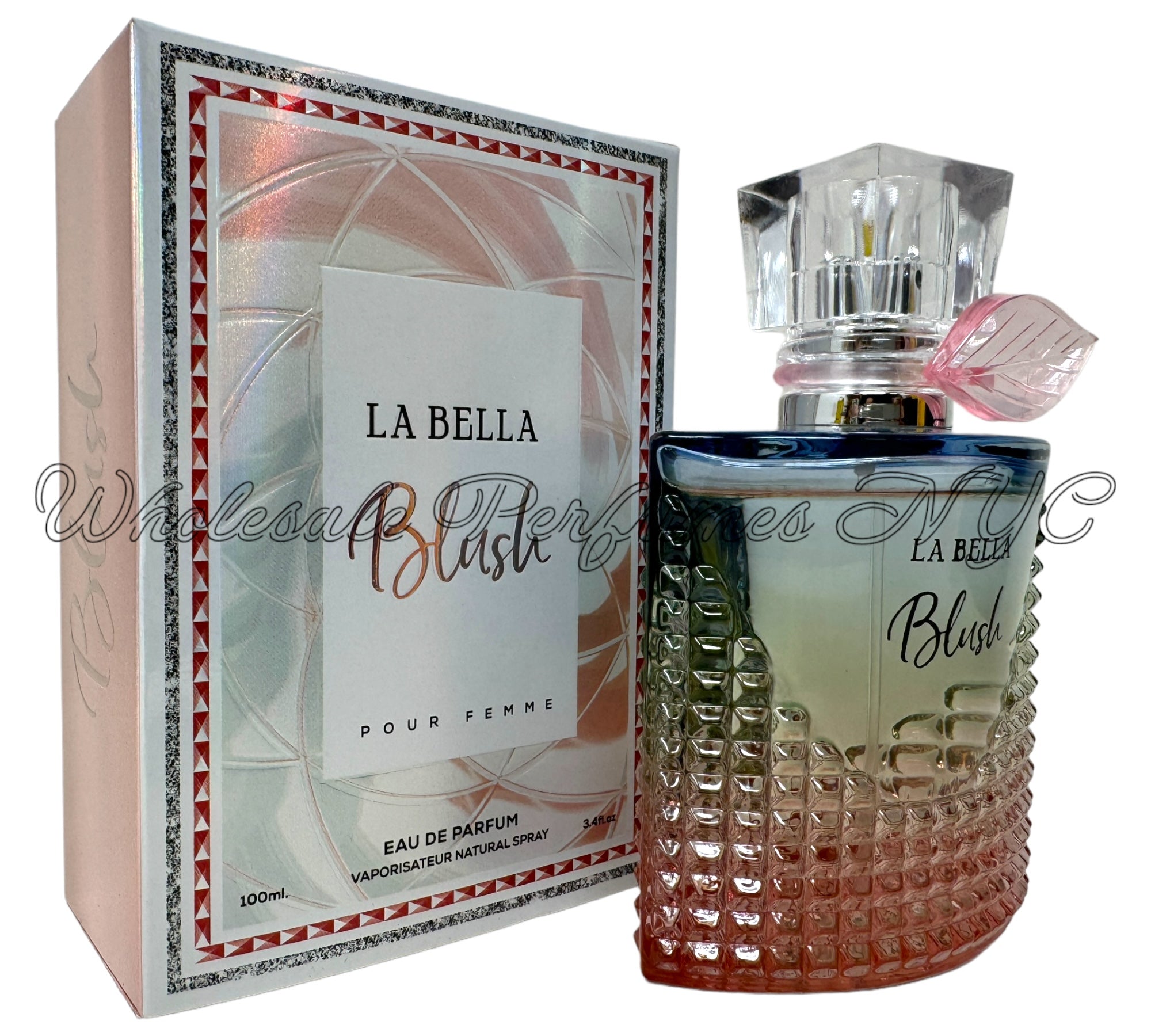 La Bella Blush for Women 3.4oz Eau de Parfum spray in an elegant bottle, inspired by Lancome's La Vie Est Belle Iris Absolu.