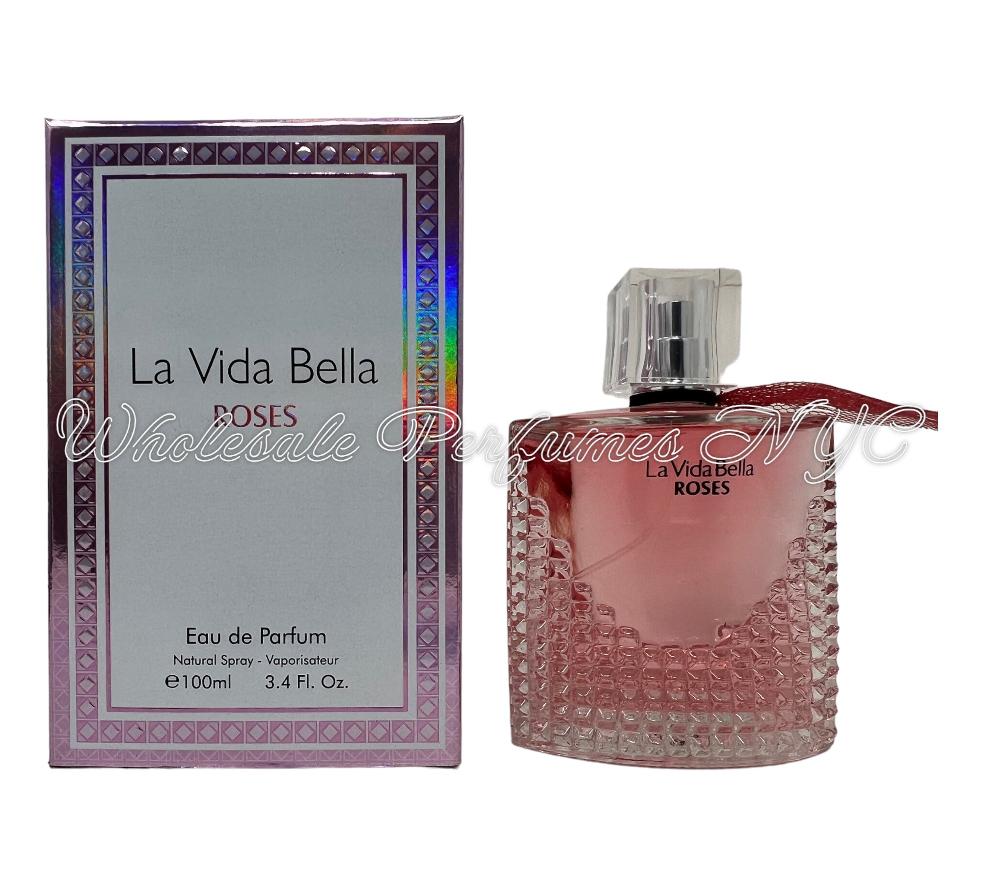 La Vida Bella Roses for Women Eau de Parfum in a stylish 3.4oz bottle, showcasing its elegant design and floral theme.