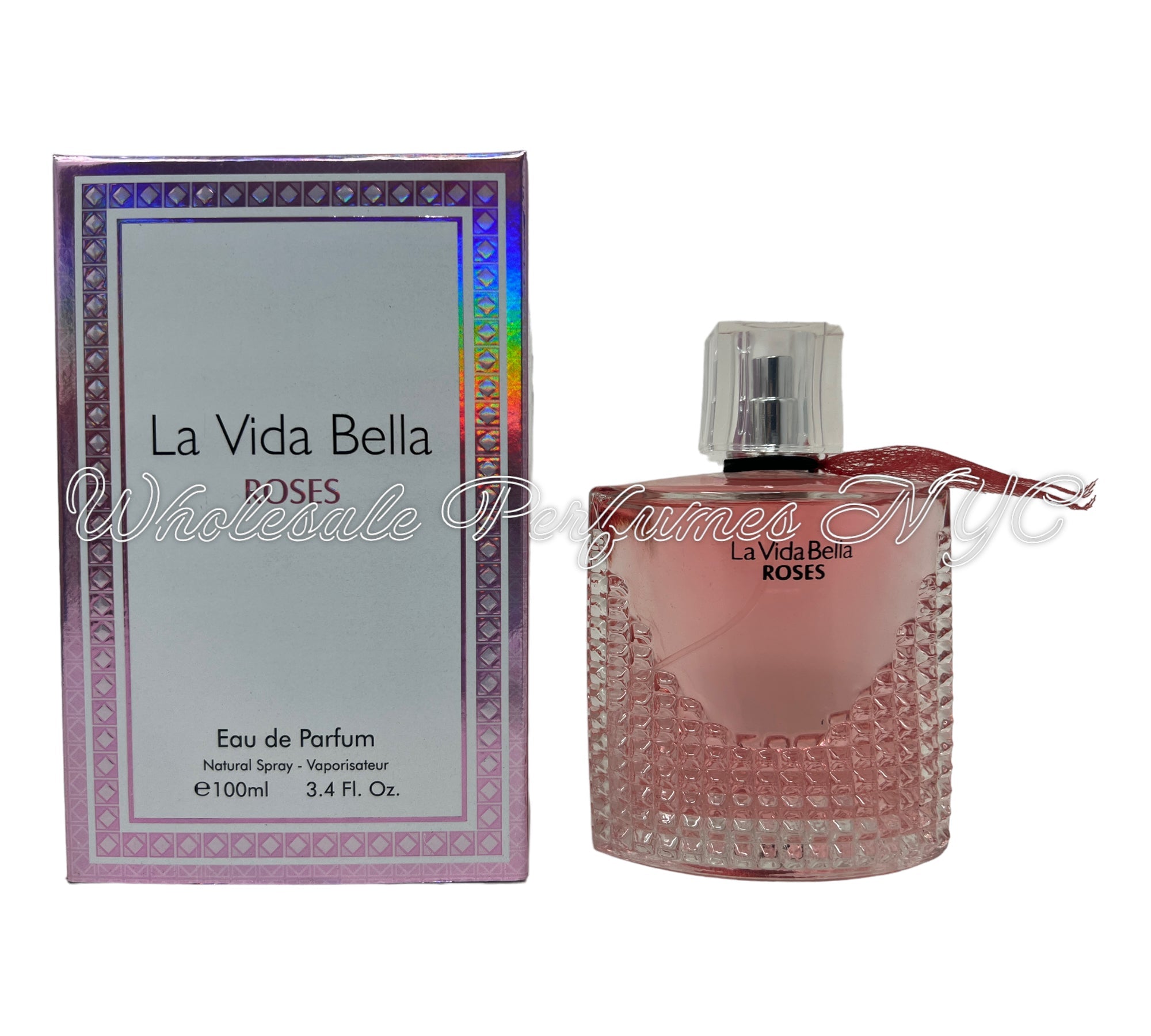 La Vida Bella Roses for Women Eau de Parfum in a stylish 3.4oz bottle, showcasing its elegant design and floral theme.