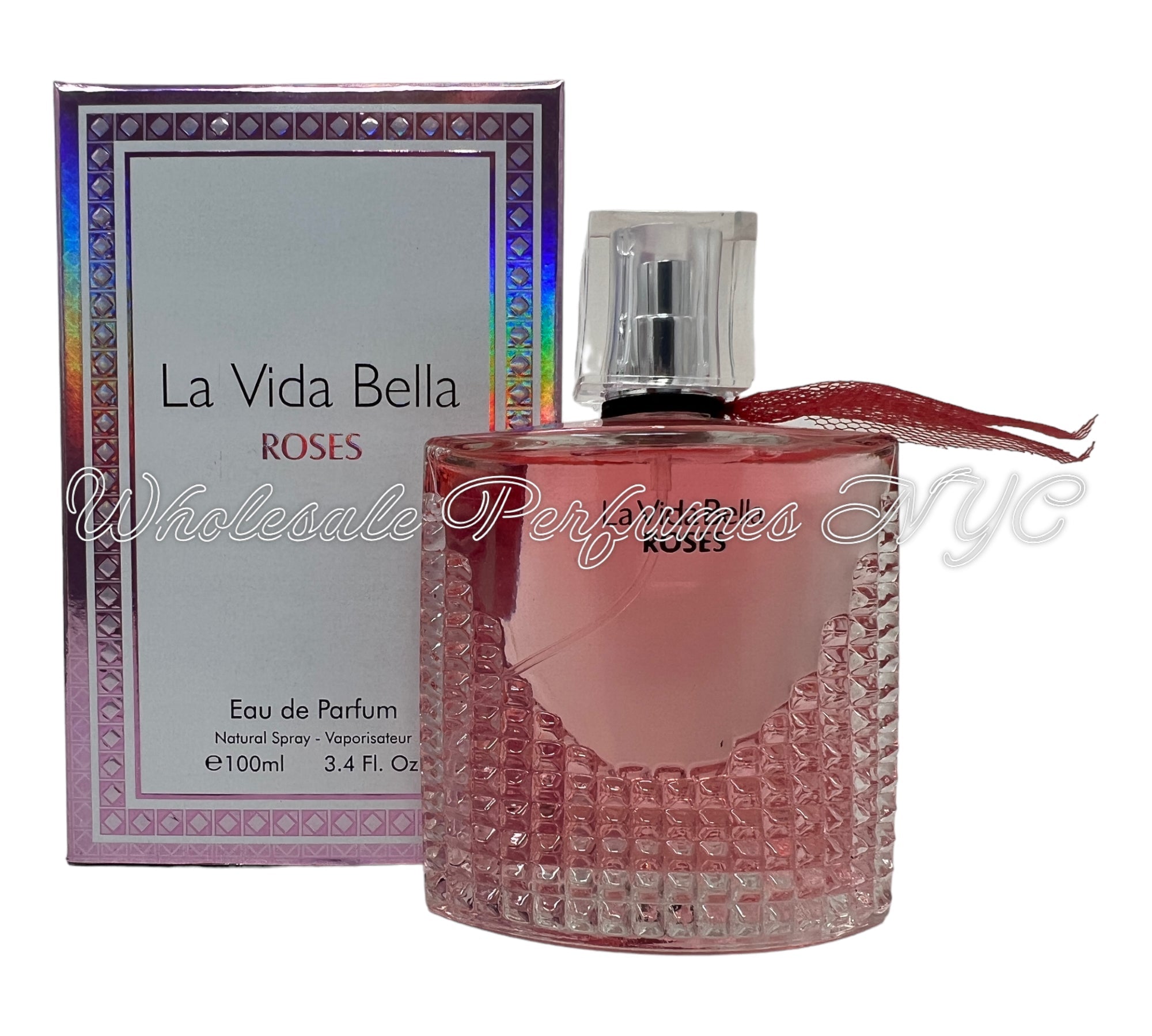 La Vida Bella Roses for Women Eau de Parfum in a stylish 3.4oz bottle, showcasing its elegant design and floral theme.