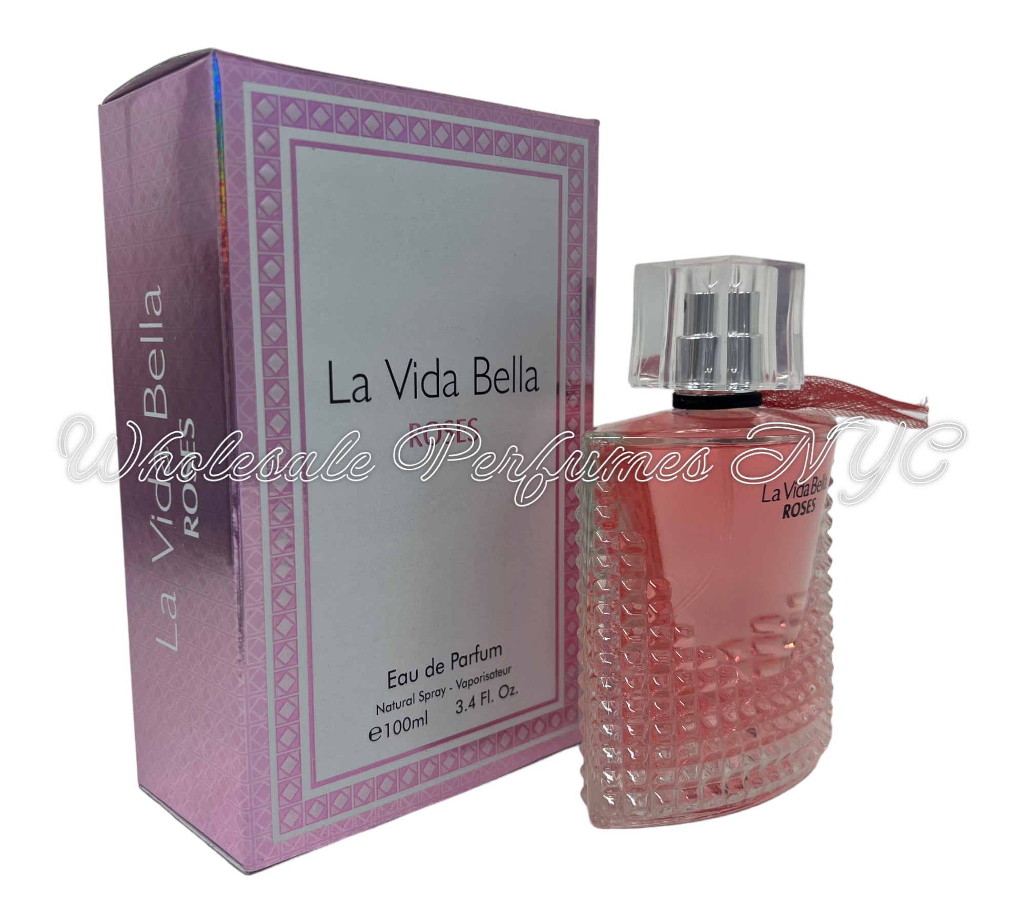 La Vida Bella Roses for Women Eau de Parfum in a stylish 3.4oz bottle, showcasing its elegant design and floral theme.