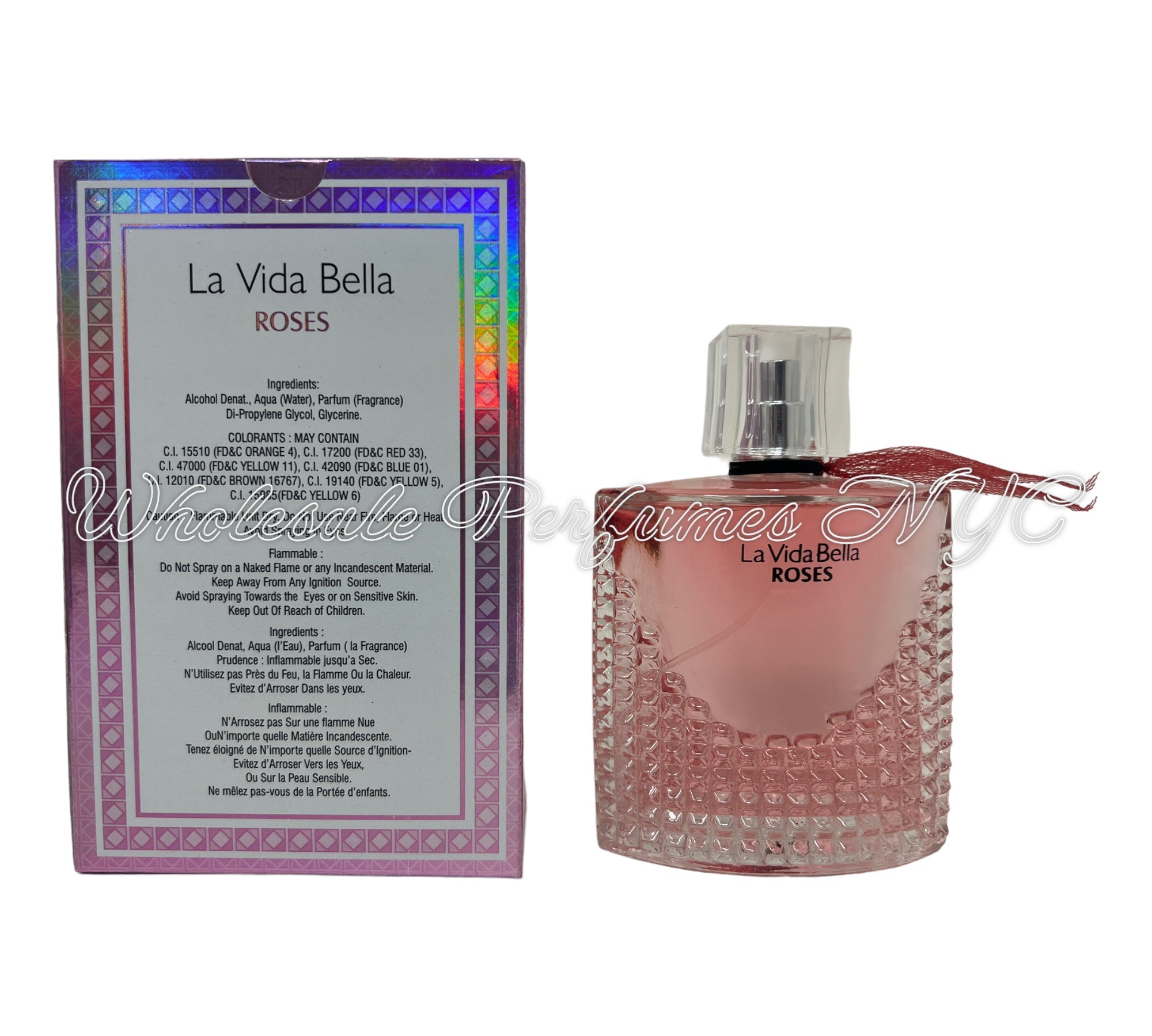 La Vida Bella Roses for Women Eau de Parfum in a stylish 3.4oz bottle, showcasing its elegant design and floral theme.