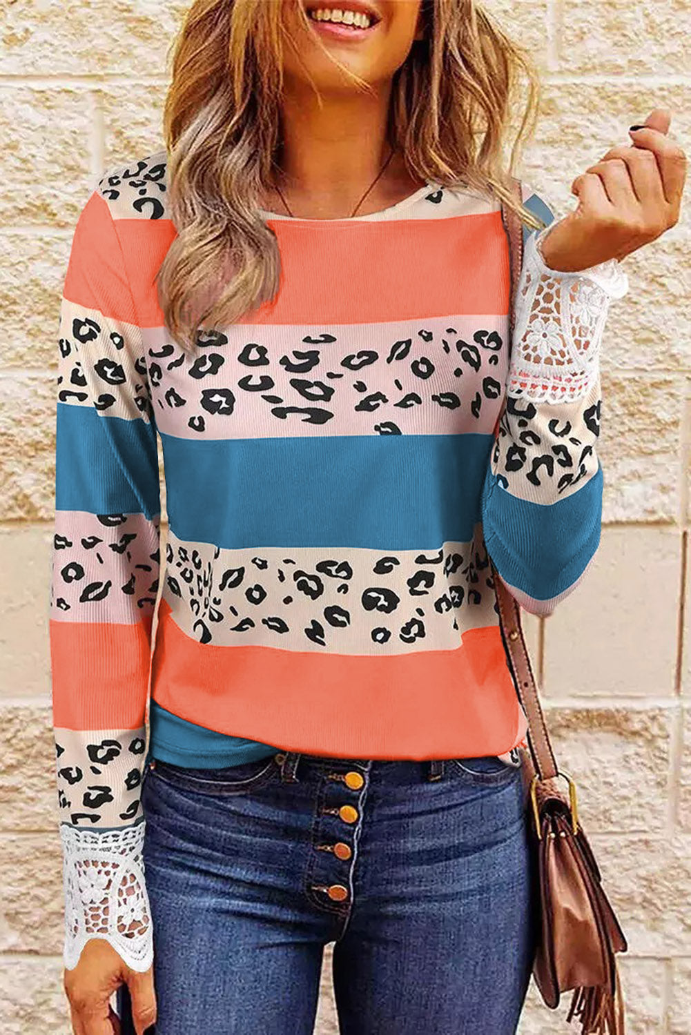 Lace Splicing Leopard Color Block Top featuring a stylish leopard print and elegant lace details, perfect for casual and chic outfits.