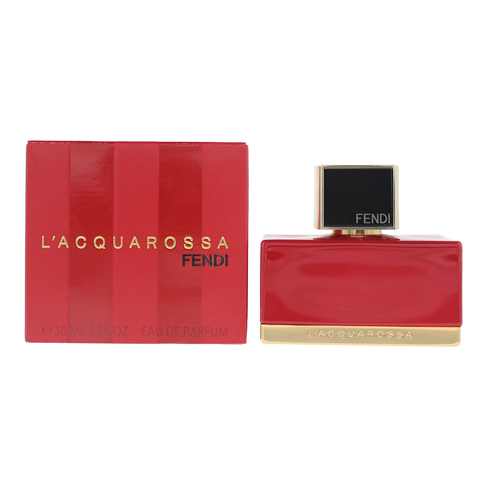 Fendi L'Acquarossa Eau de Parfum bottle with a striking red design, symbolizing elegance and allure.