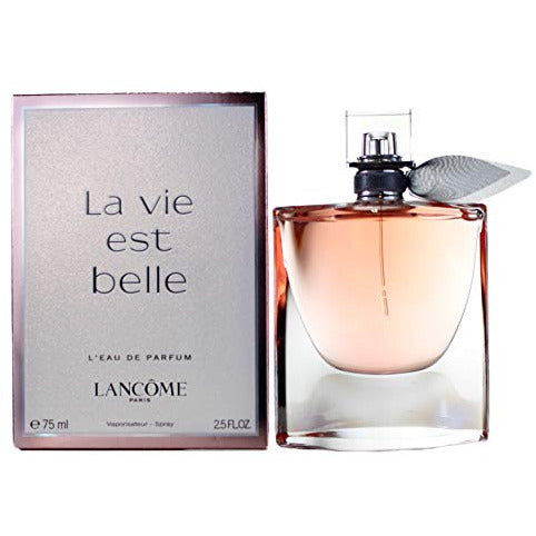 Lancôme La Vie Est Belle Eau de Parfum in an elegant curved bottle with a pink hue and a decorative ribbon.