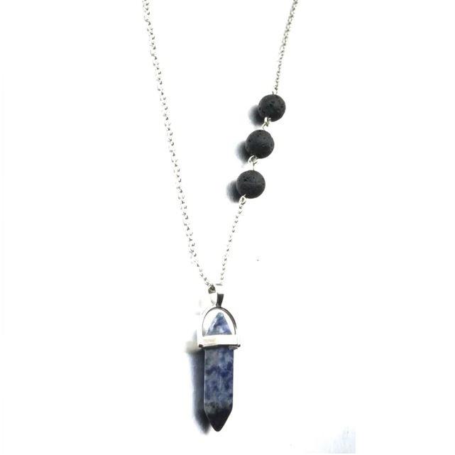 Lapis Lazuli Blue Crystal Lava Stone Necklace featuring vibrant blue stones and black lava stones, ideal for essential oil diffusion.