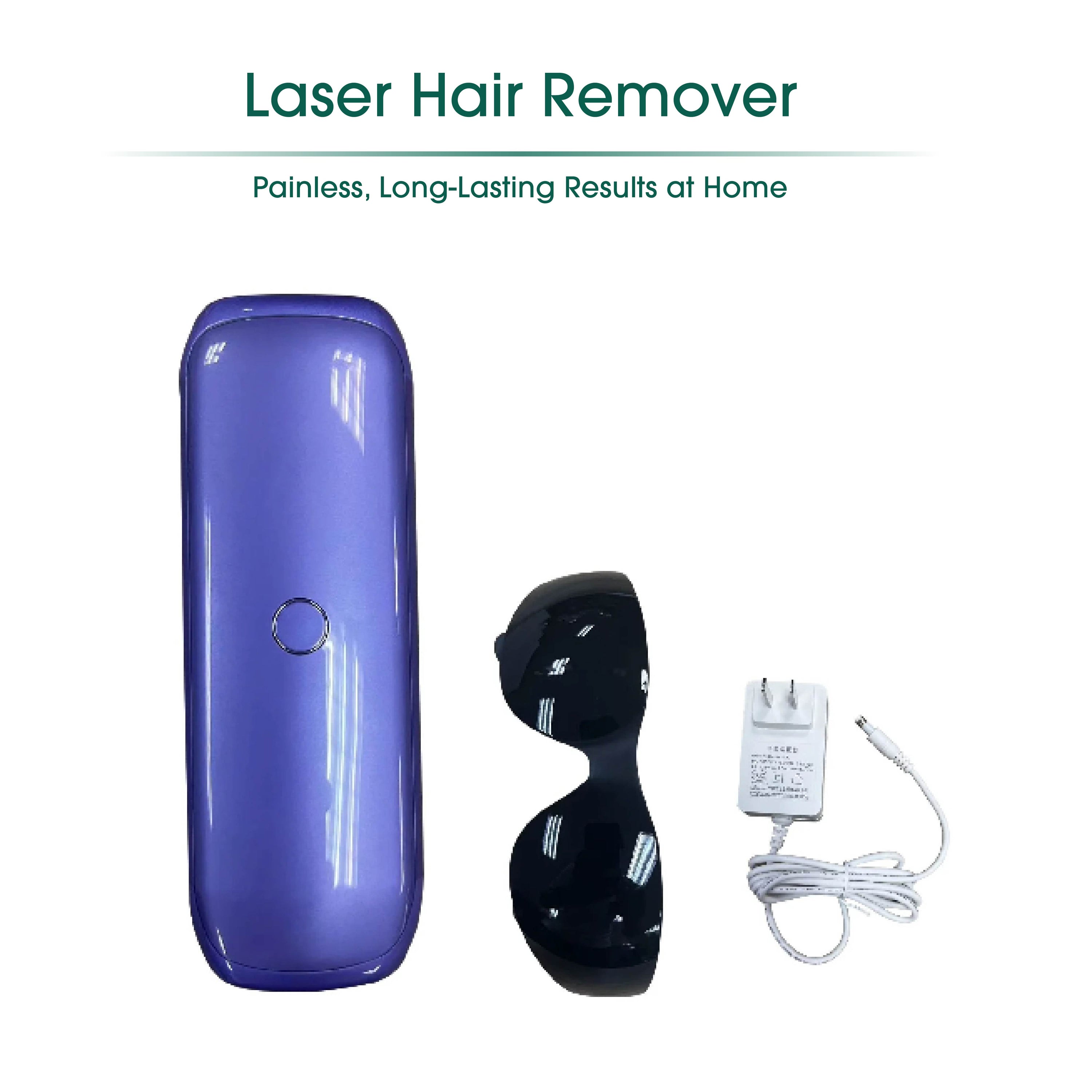 Laser IPL Hair Removal device with sunglasses, razor, and charging cable, showcasing its sleek design and included accessories.