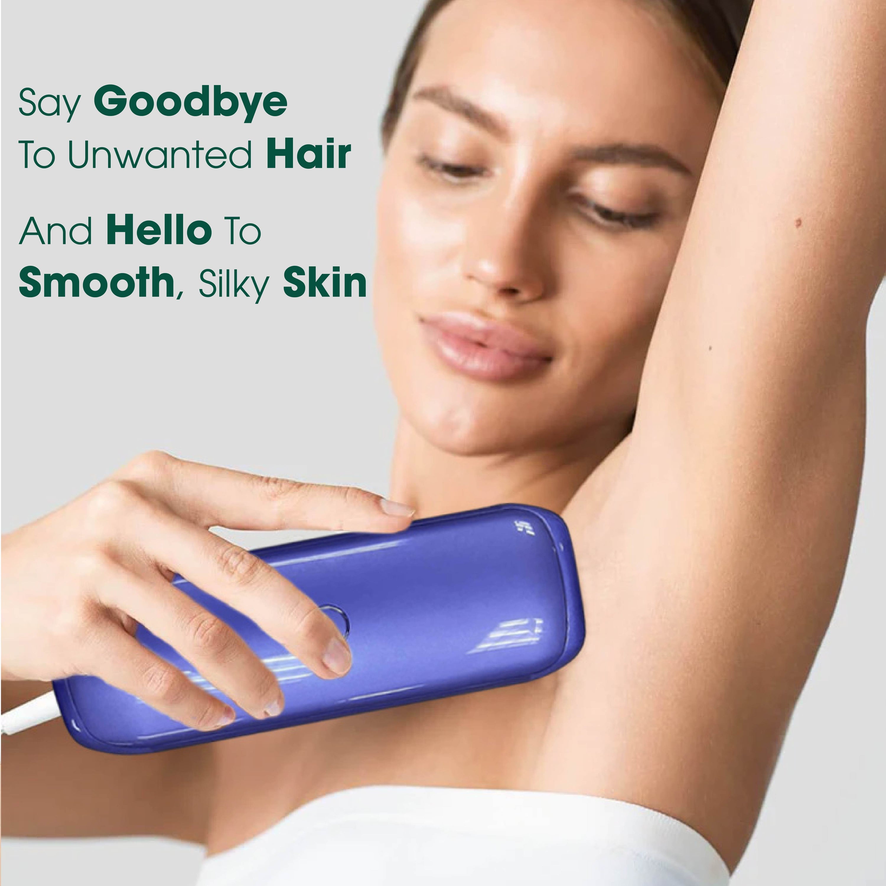 Laser IPL Hair Removal device with sunglasses, razor, and charging cable, showcasing its sleek design and included accessories.