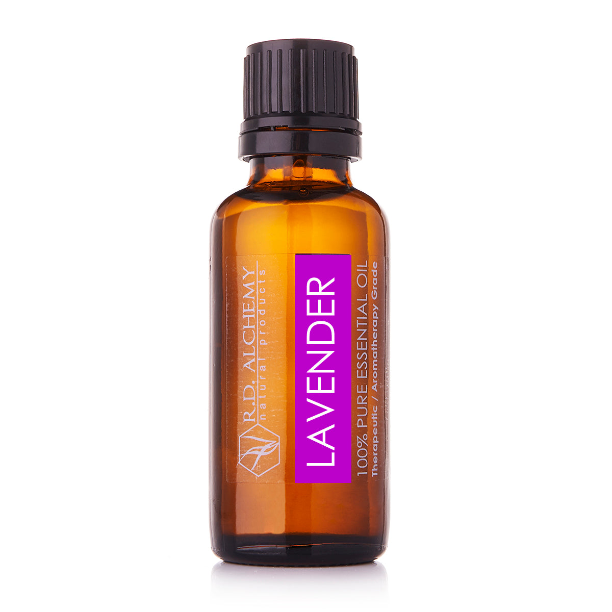 A bottle of 100% pure lavender essential oil with lavender flowers in the background, showcasing its calming properties.