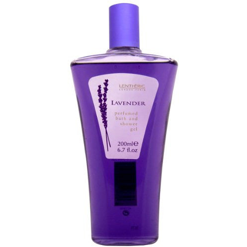 A bottle of Mayfair Lavender Bath & Shower Gel with a soothing lavender field background, showcasing its calming essence.