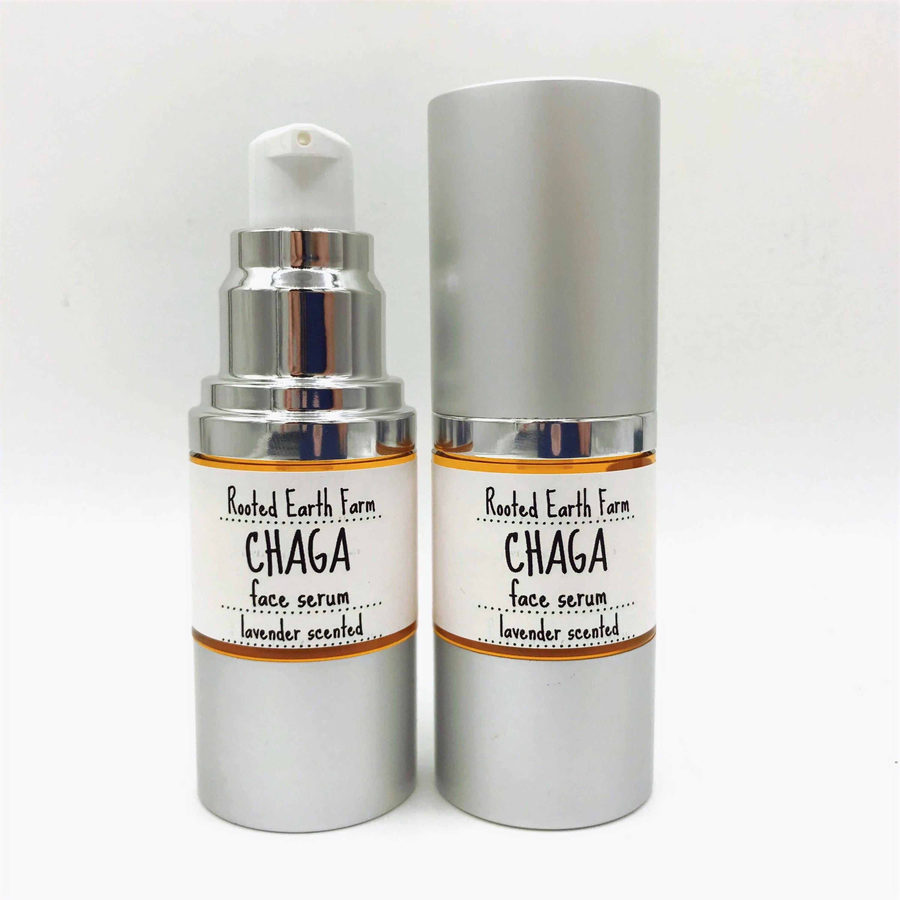 Lavender Chaga Face Serum in a 1/2 oz plastic pump bottle, showcasing its natural ingredients like chaga mushroom, lavender, and rose petals.