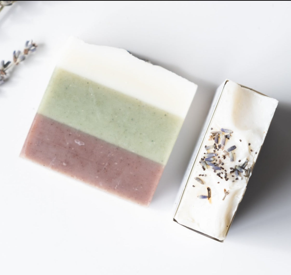 Lavender Eucalyptus Soap Bar with three colorful layers, showcasing natural ingredients and a calming lavender scent.