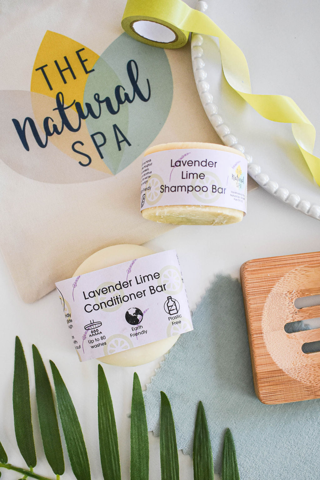 Lavender Lime Shampoo and Conditioner Bar set, eco-friendly hair care solution with vibrant colors and natural ingredients.