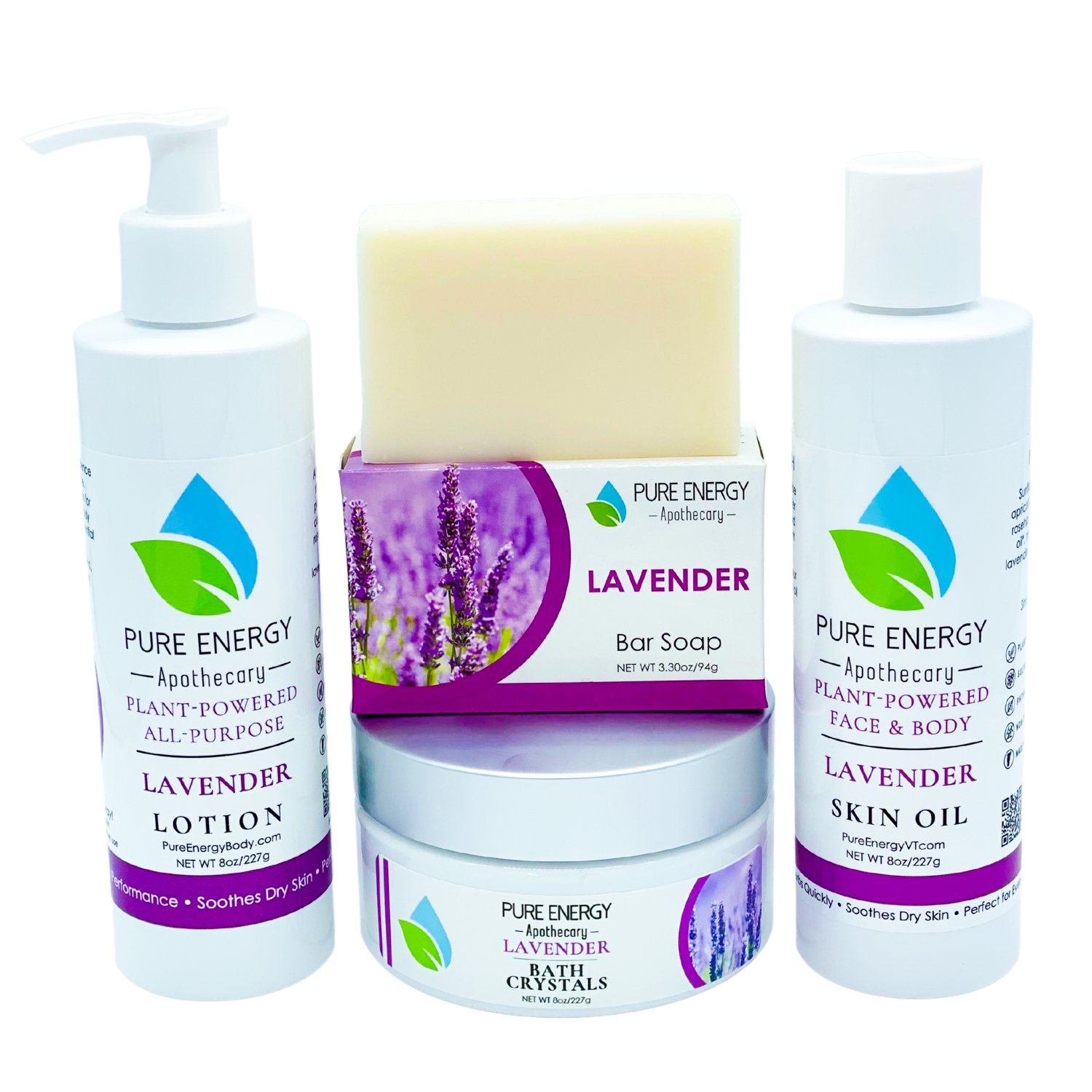 Lavender Love Bundle featuring lotion, soap, and skin oil in elegant packaging, showcasing natural lavender ingredients.