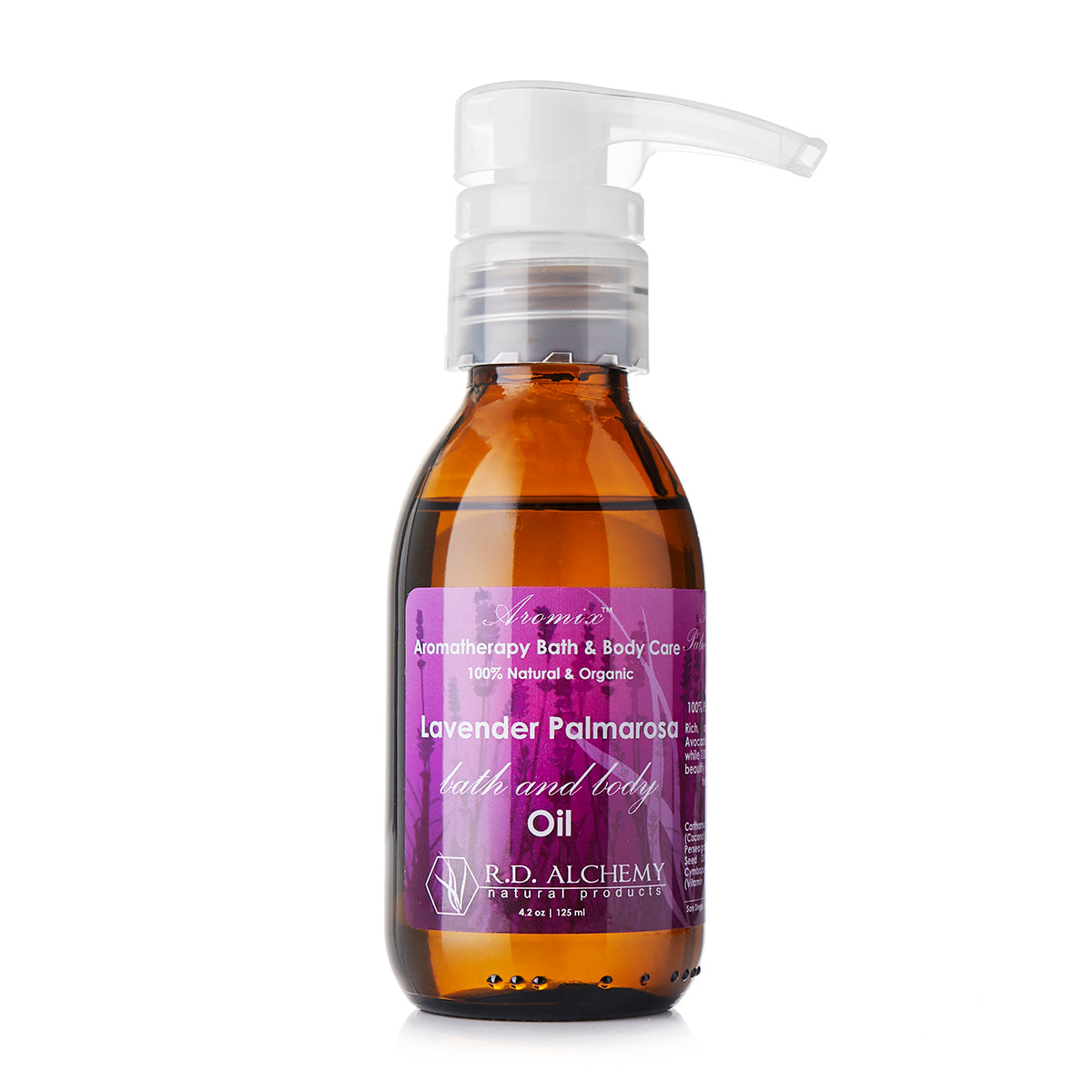 Bottle of Lavender Palmarosa Bath & Body Oil with floral design, showcasing its soothing properties.