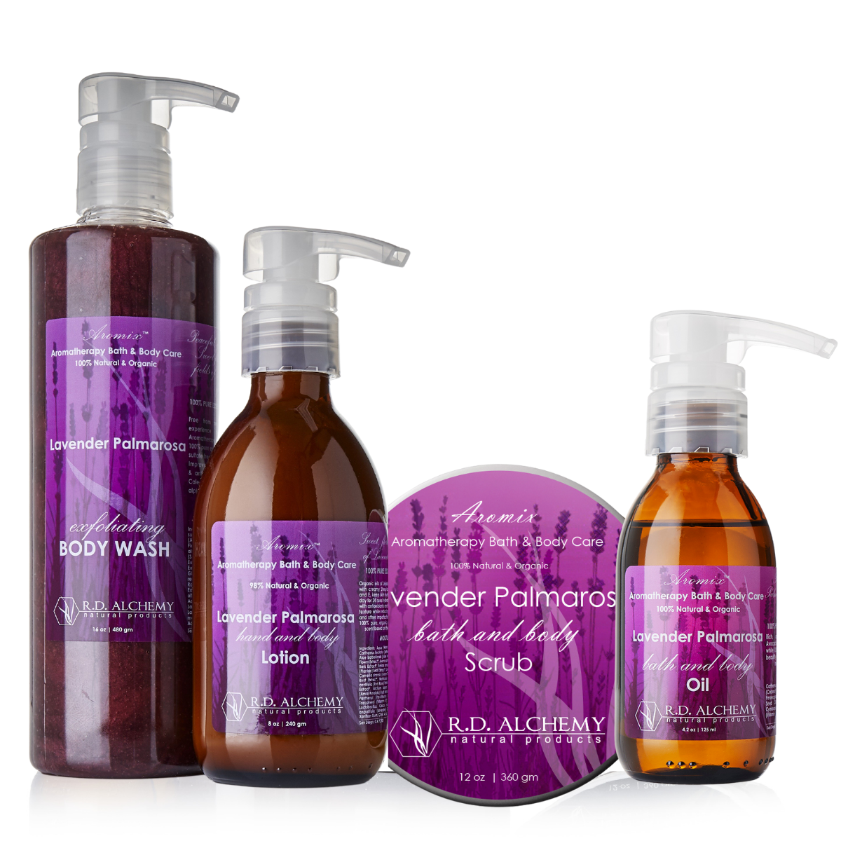 Lavender Palmarosa Body Care Set featuring body wash, scrub, lotion, and oil in elegant packaging.