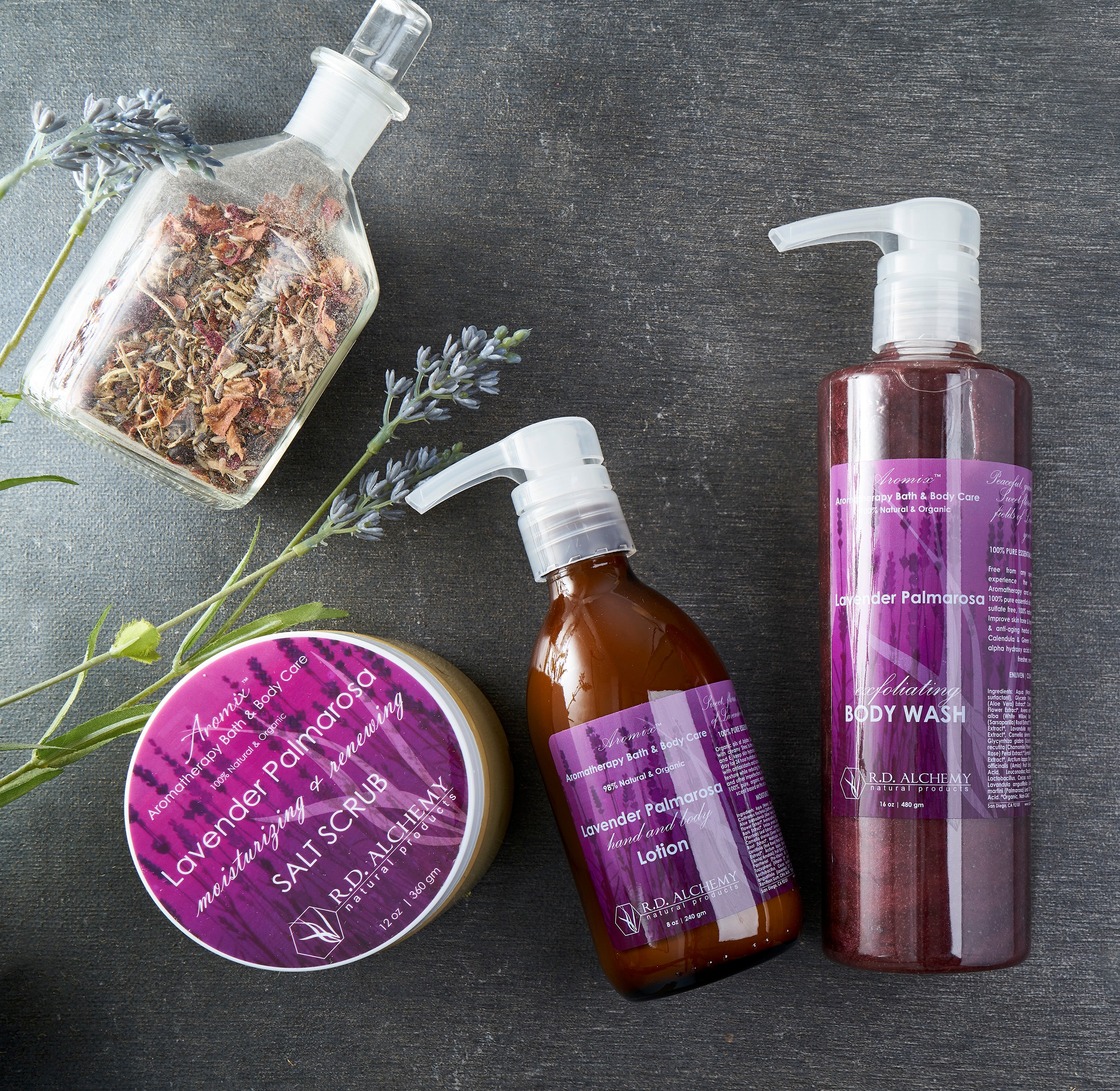 Lavender Palmarosa Body Care Set featuring body wash, scrub, lotion, and oil in elegant packaging.