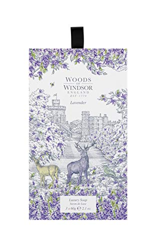 Woods of Windsor Lavender Soap 3 x, beautifully packaged with lavender scent, ideal for relaxation and skin nourishment.