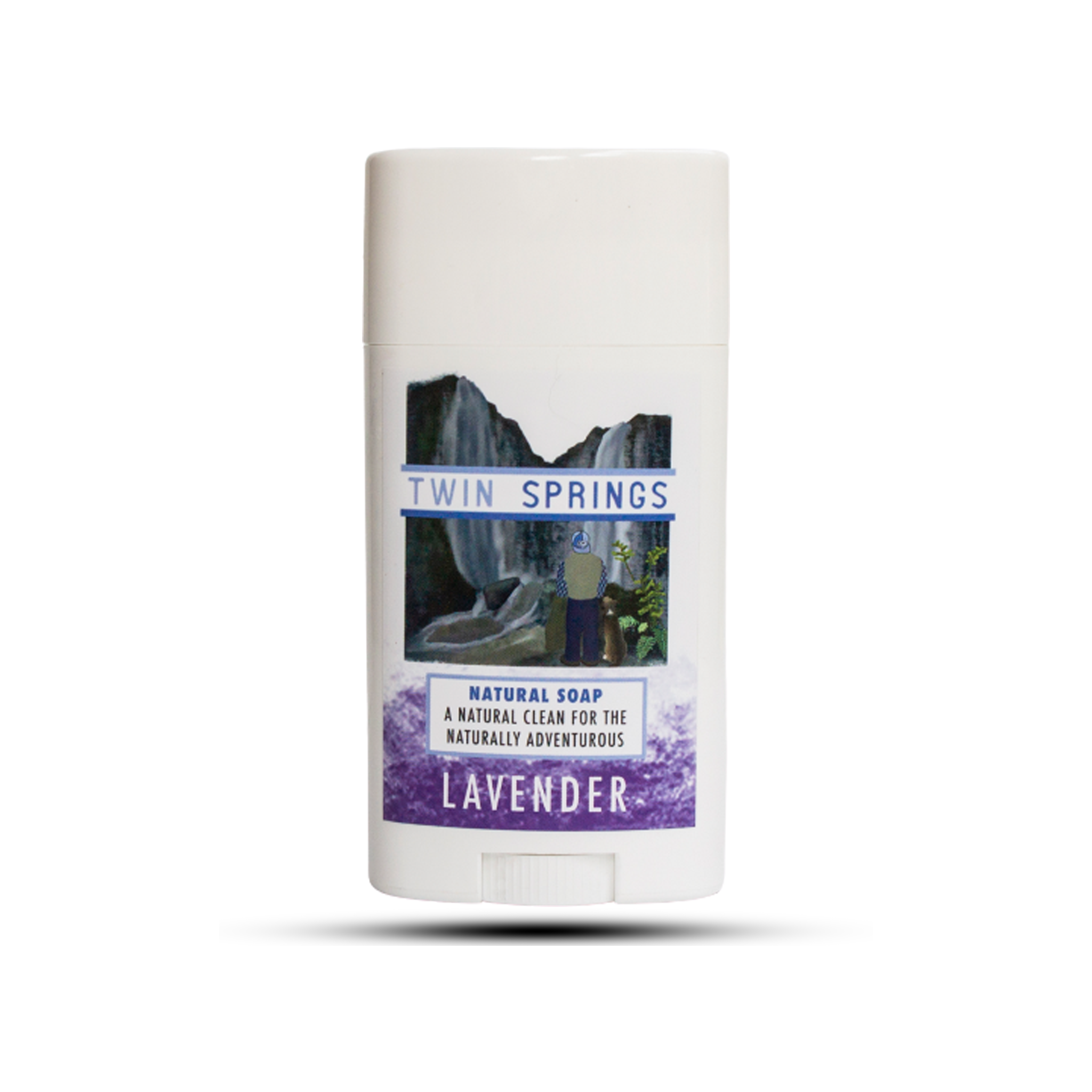 Twin Springs Lavender Soap Stick in a travel-friendly container, showcasing its handcrafted design and natural ingredients.