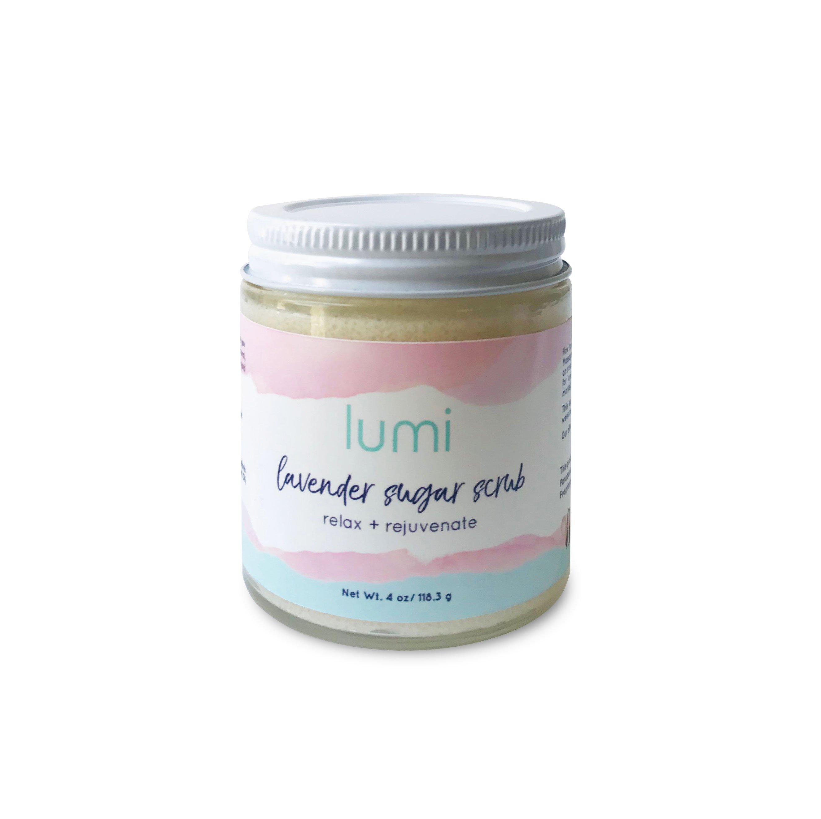 A jar of lavender sugar scrub with a soothing lavender scent, perfect for exfoliating and hydrating the skin.