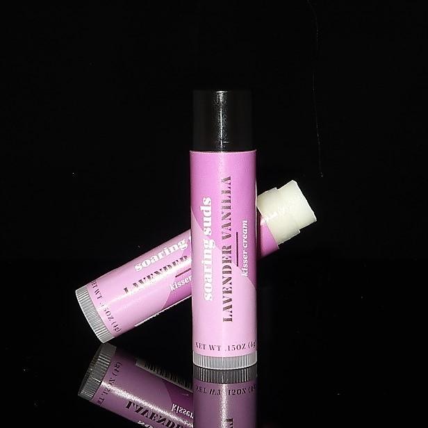 Lavender Vanilla Kisser Cream lip balm tube with natural ingredients, featuring a soothing lavender and vanilla scent.