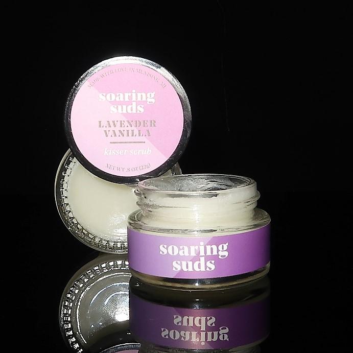 Lavender Vanilla Kisser Scrub in a small jar, showcasing its creamy texture and natural ingredients.