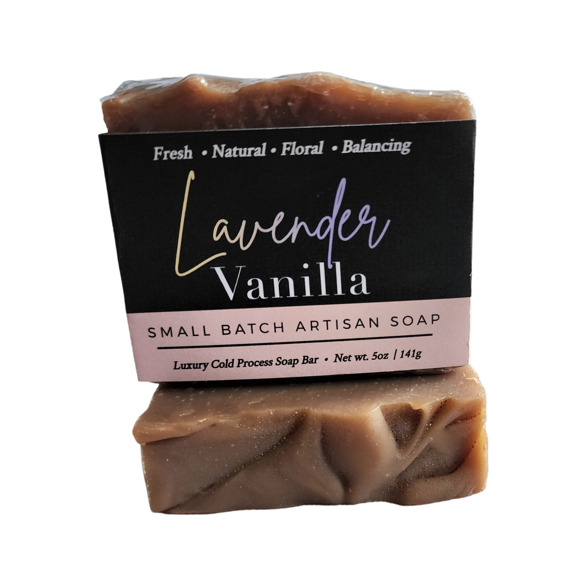 Lavender Vanilla Soap bar with rustic appearance and creamy texture, featuring lavender flowers and vanilla beans.