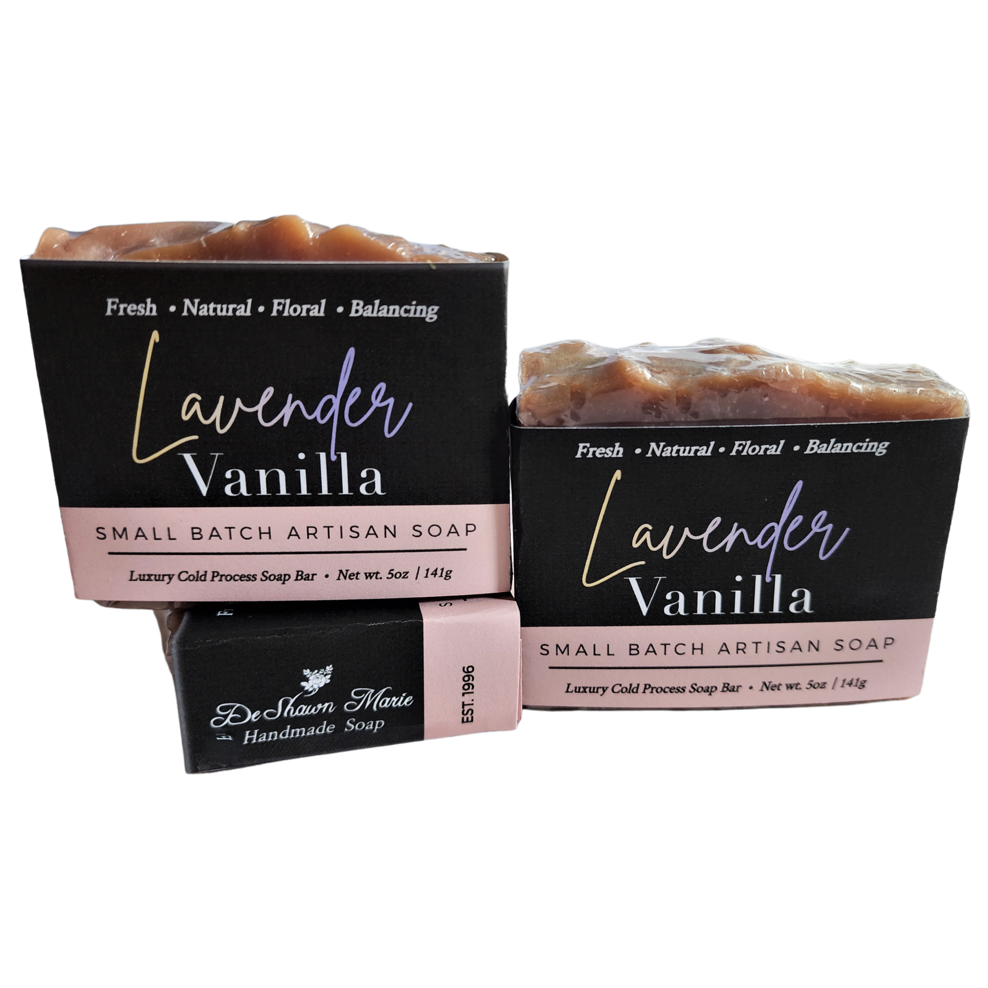 Lavender Vanilla Soap bar with rustic appearance and creamy texture, featuring lavender flowers and vanilla beans.