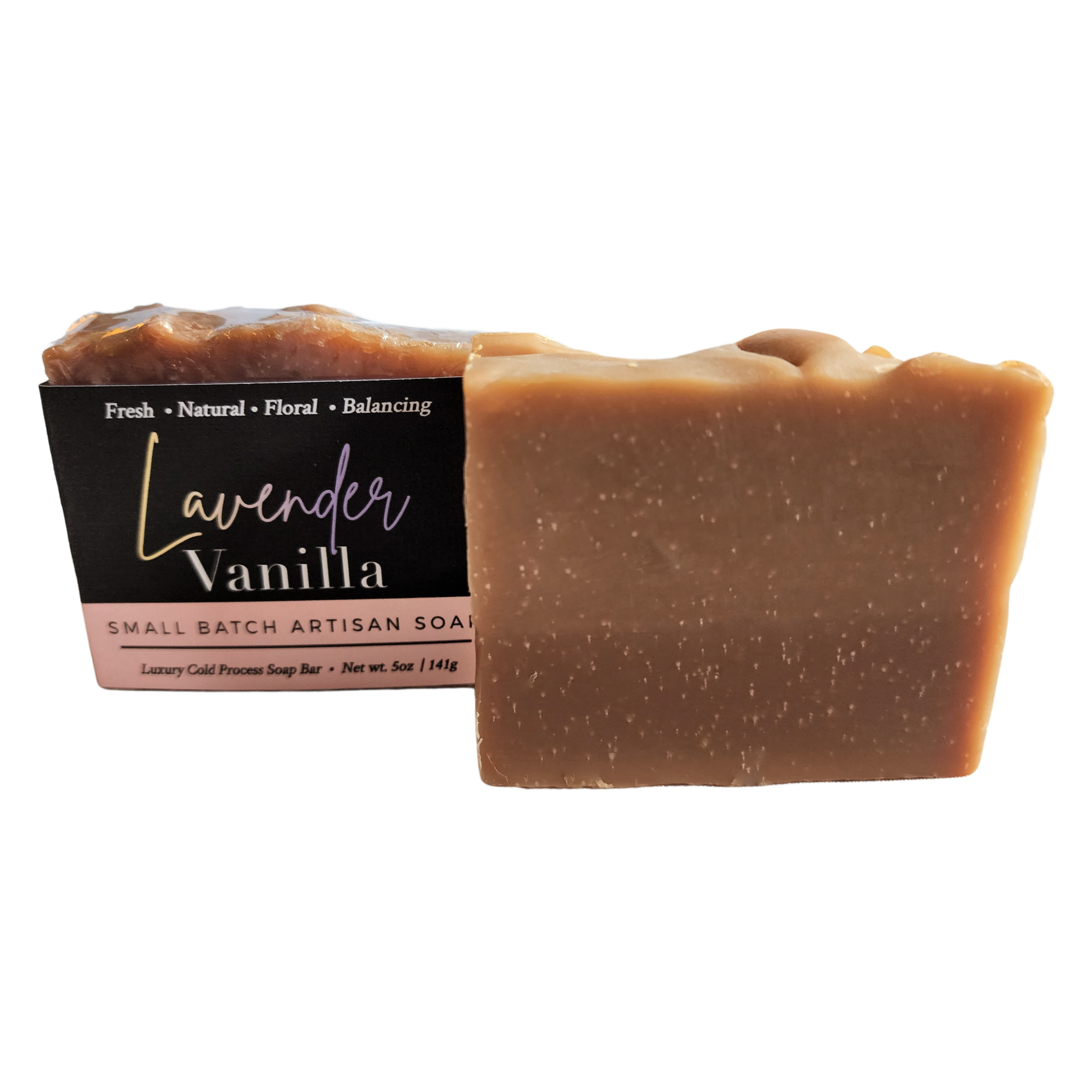 Lavender Vanilla Soap bar with rustic appearance and creamy texture, featuring lavender flowers and vanilla beans.