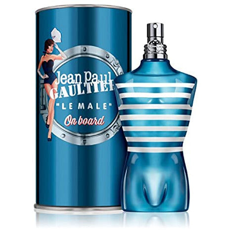 Jean Paul Gaultier Le Male On Board Eau de Toilette in a stylish sailor-themed bottle, showcasing its unique design and fragrance appeal.