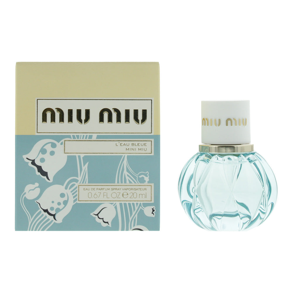 Miu Miu L'Eau Bleue Eau de Parfum bottle with floral design, showcasing elegance and sophistication.