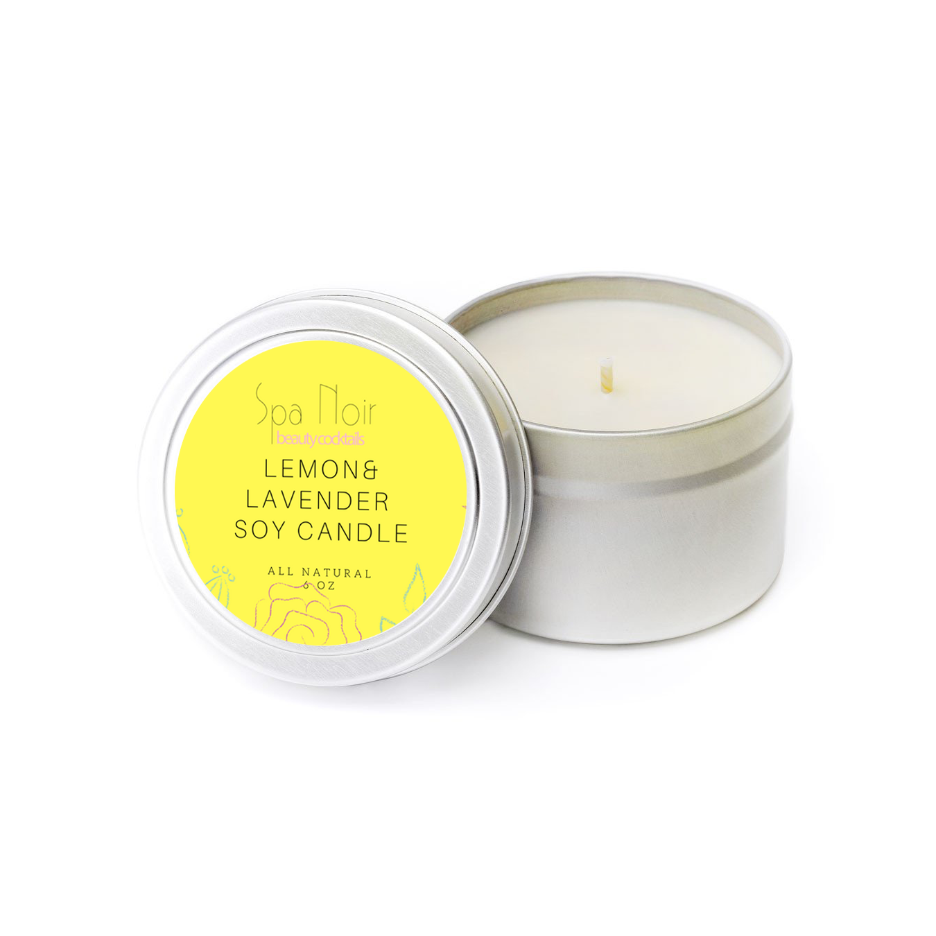 Lemon and Lavender Aromatherapy Candle in a recyclable aluminum container, showcasing its natural soy wax and calming fragrance.